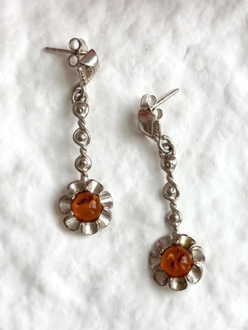 Baltic Amber Sunflower Shaped Spiral Vintage Sterling Silver 925 Dangle Earrings
